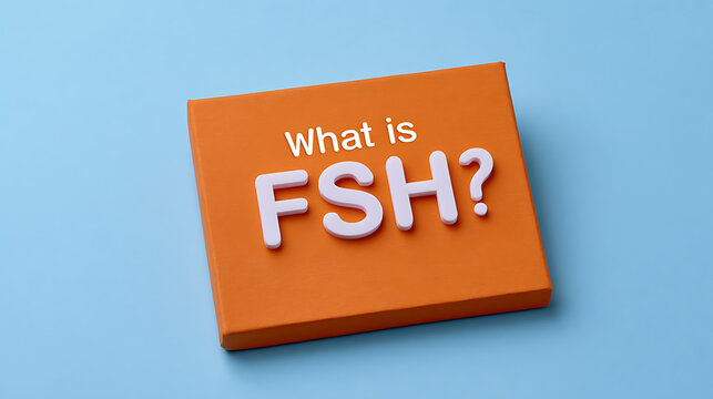 Medical question about follicle stimulating hormone concept represented by white letters spelling out What is FSH on orange board and blue background