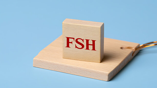 A wooden block with text FSH positioned on a mousetrap against a blue background representing health risk or biological trap concept