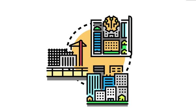 Illustration depicting an urban development blueprint evolving into a construction site with a crane. Then materializing into a finished modern city with various buildings