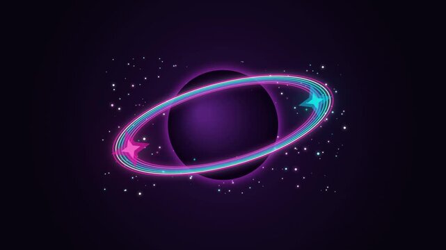Retro neon planet animation with glowing rings and stars moving on dark space background