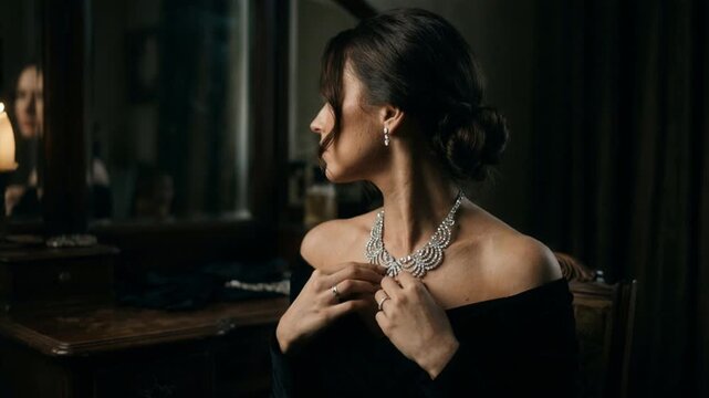 Refined brunette adjusts sparkling gemstone necklace at antique vanity mirror. Dressed in off shoulder black velvet gown, poised woman touches delicate pendant jewelry with quiet confidence.