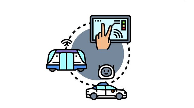 Driverless vehicles and smart transportation systems operating through advanced automation technology, connecting urban mobility solutions with user interaction on a digital interface