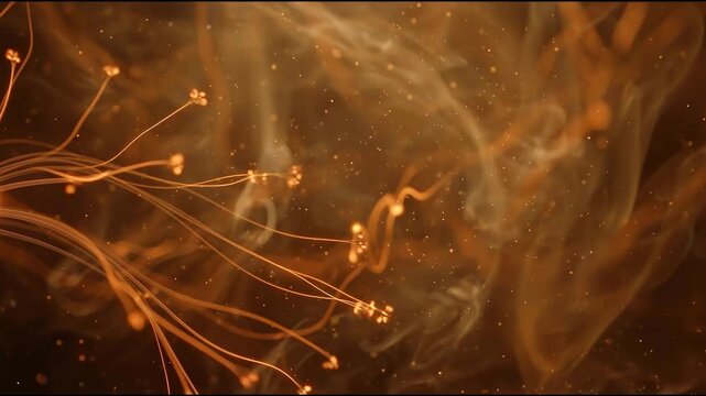 Renewable energy plasma filaments glow in warm saffron and burnt-orange gradients, suspended abstract material background