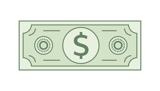 Flat minimalist graphic icon of a green us dollar banknote with a large dollar sign in the center circle.