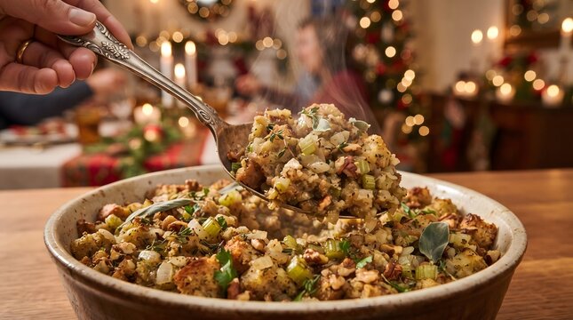 Traditional Thanksgiving stuffing being served from a ceramic casserole dish during a holiday dinner celebration
