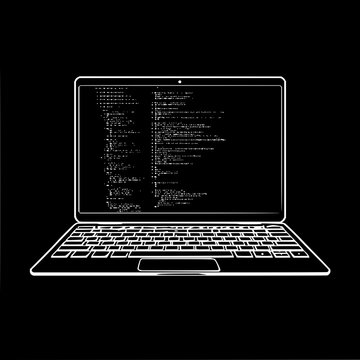 White line art illustration of a laptop displaying computer code on a solid black background