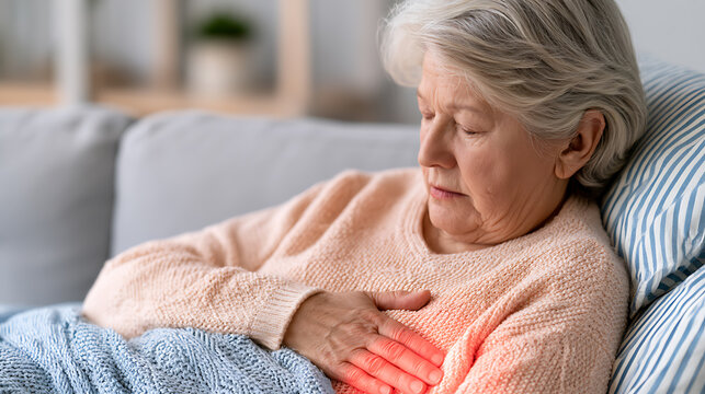 An elderly woman lie on a couch at home, touch her chest in pain, suffer from heart attack or cardiac arrest, health issue concept