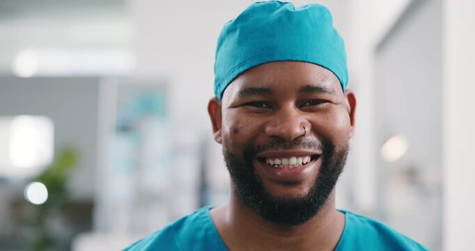 Medical, face and black man in hospital with smile, surgical assistant and pride in patient care. Wellness, space and happy nurse with mask, preoperative specialist or about us in health industry.