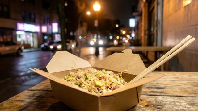 A steaming takeout box of delicious fried rice with bamboo chopsticks resting on a rustic wooden table, illuminated by the soft glow of a bustling urban street at night.
