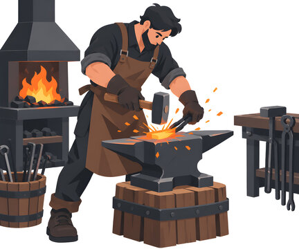 2D flat vector illustration of male blacksmith forging hot metal on anvil with hammer