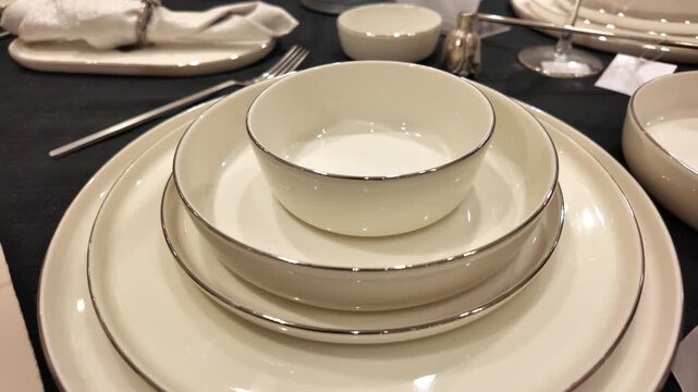 Elegant white dinnerware set with silver trim arranged on dark tablecloth