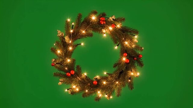 A circular pine Christmas wreath decorated with warm string lights glittering in a gentle sequential pattern around its circumference, isolated on green screen chroma key