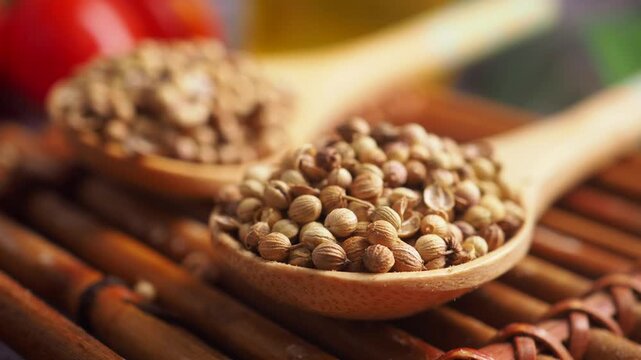 Close-up slow motion shot of whole coriander seeds in wooden spoons on a bamboo mat, showcasing natural spice for cooking