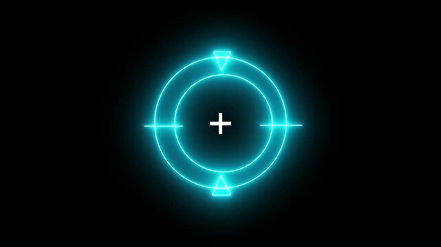 Futuristic Glowing cyan Neon Crosshair Target Scope Icon Symbolizing Cyber Precision Aim Sight Viewfinder Interface Concept on Black Background.