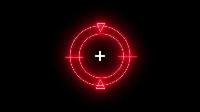 Futuristic Glowing Red Neon Crosshair Target Scope Icon Symbolizing Cyber Precision Aim Sight Viewfinder Interface Concept on Black Background.