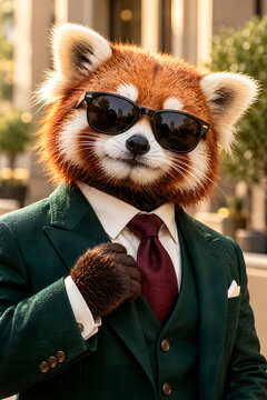 Dapper red panda businessman wearing stylish sunglasses and a formal green suit adjusting his smart burgundy tie outdoors in the bright urban city sunlight