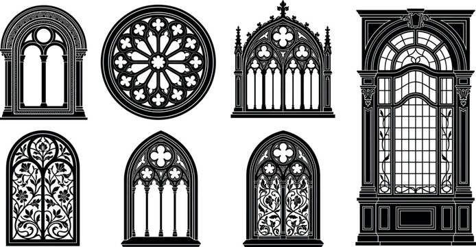 Gothic windows silhouettes set with ornate cathedral arches rose window church elements isolated illustrations on a white background