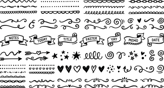 Hand drawn bullet journal divider vector set featuring cute squiggles ribbon banners text frames arrow elements and hearts for diary decoration