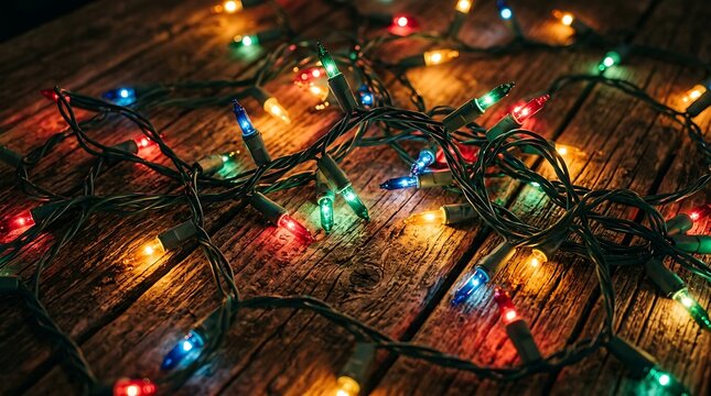 Festive multicolored christmas string lights glowing on a rustic dark wooden surface