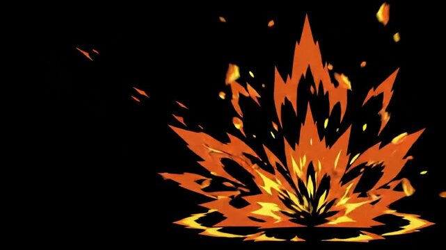 A dynamic 2D hand-drawn animation of a fiery meteor crashing and exploding with bright orange sparks on a black background. Ideal for action-packed motion graphics and game assets.