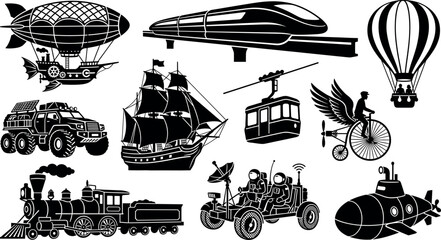 Historical and futuristic vehicle transport vector set featuring black silhouettes of steampunk zeppelins monorails submarines trains and space rovers © MstAduri