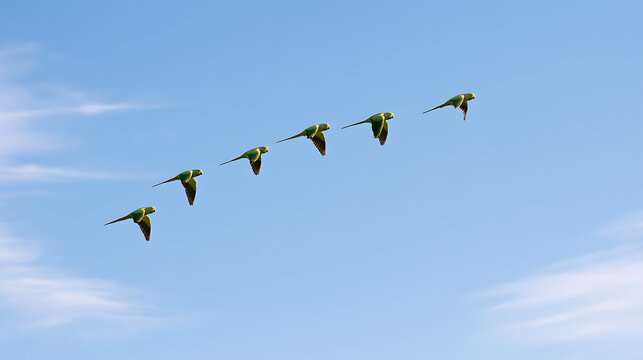 A sequential series of green parakeet parakeets or Psittacula krameri birds fly gracefully diagonal in a bright blue sky with clouds