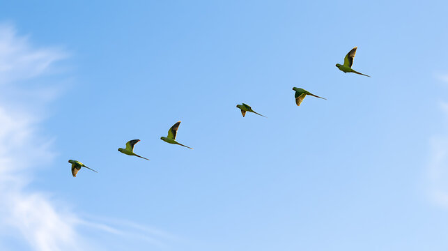 A flock of green parakeet birds, scientifically known as Psittacula krameri, fly in formation across a bright blue sky on a sunny day