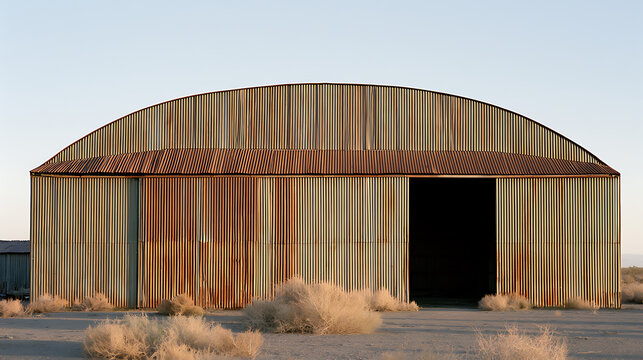 Old rustic metal hangar building in desert landscape with weathered corrugated iron walls, vintage architecture structure and open entrance door