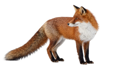 Fototapeta premium Red fox with bushy tail standing alert, isolated on transparent background