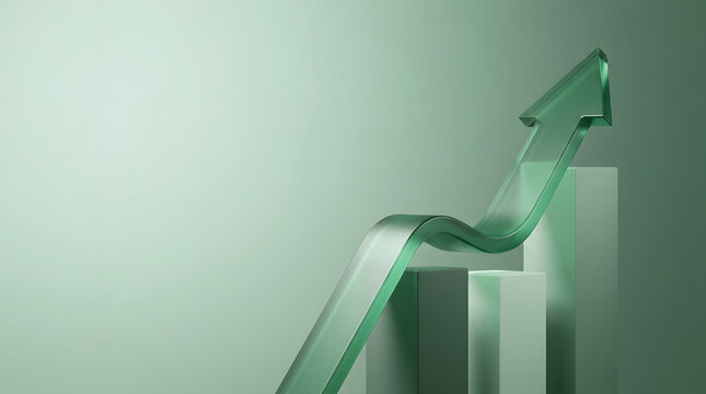 Glass financial growth arrow rising sharply above solid business bars representing corporate success financial profit upward trends and economic development in smooth green tones