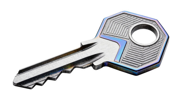 Modern metallic key with iridescent edges, isolated on transparent background