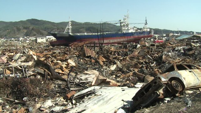 Ship Washed Ashore And Surrounded By Burnt Debris In Aftermath Of Tsunami In Japan