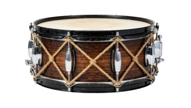 Rustic wooden snare drum with rope detailing, isolated on transparent background