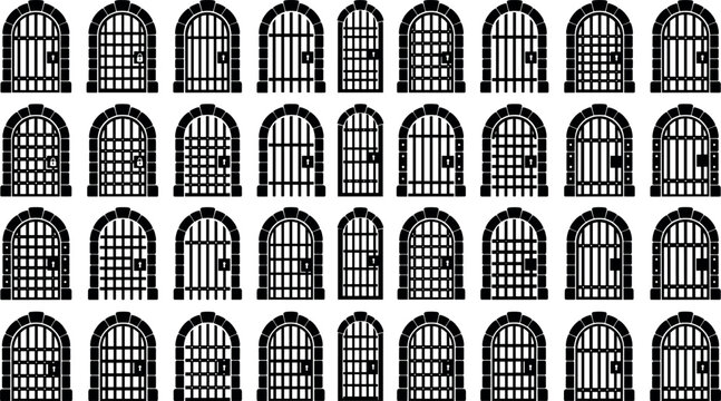 Medieval prison gate silhouette vector set featuring black stone arches arched castle doors and iron dungeon bars for game assets