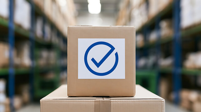 Cardboard parcel box with check mark symbol in a large distribution warehouse, ready for delivery and shipping logistics business concept