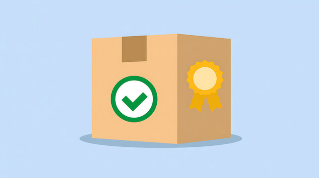 A vector illustration of a brown cardboard box with a green check mark seal and a gold medal award symbol for quality and trust