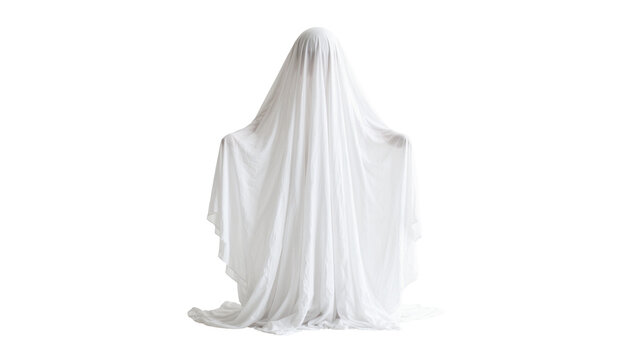 Person in white sheet costume appearing as a ghost, isolated on transparent background