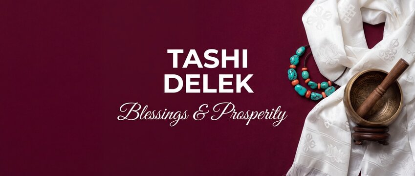 Tibetan New Year Tashi Delek greeting banner with white silk khata scarf, traditional singing bowl, turquoise necklace and copy space for traditional Losar holiday celebration background layout.