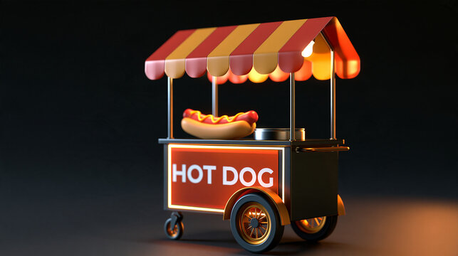 3D rendered animation of a hot dog cart model displayed against a black background, visual effects concept, with copy space