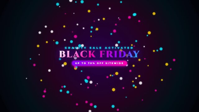 Cinematic cosmic motion graphic featuring a black core gravity well attracting orbiting 3D promo elements, culminating in a gravitational collapse and explosive 3D neon-gold Black Friday reveal.