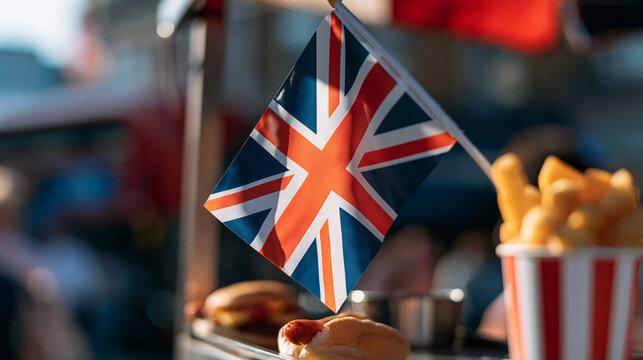 A national flag waving above a food stand in the city, patriotic street food scene, with copy space