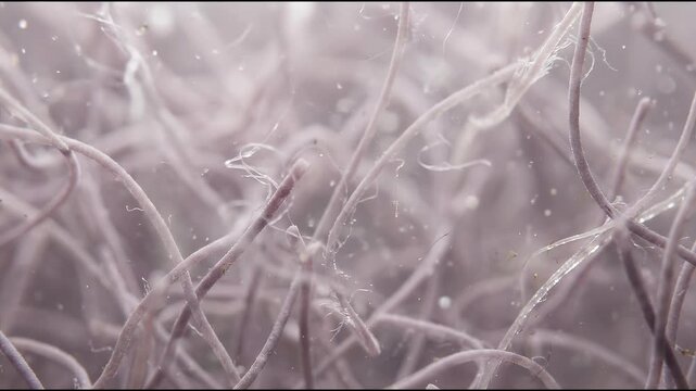 Sustainable textile fiber research is visualized through a soft abstract field of pale mauve