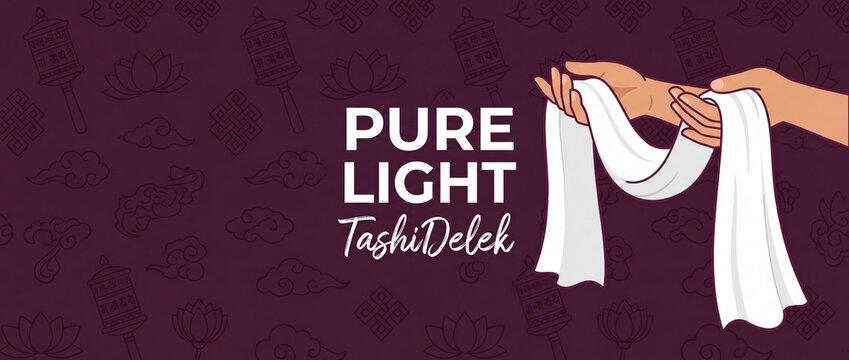 Tibetan ceremonial white khata scarf banner vector illustration holding silk scarf offering tashi delek greeting backdrop with lotus prayer wheel endless knot background for tibetan new year losar