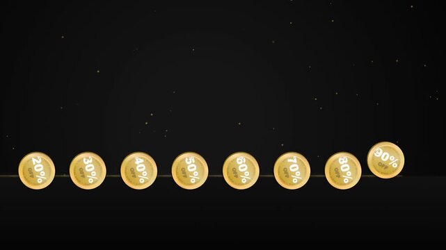 Premium cinematic Black Friday animation featuring a chain reaction of luxury gold discount coins. A laser trigger sets off a massive domino cascade, erupting into a zero-overlap 3D formation with dyn