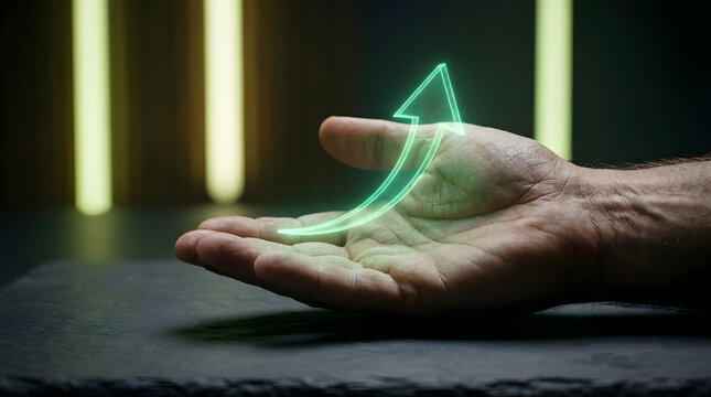 Glowing green upward arrow hologram hovering above an open human hand representing financial growth progress and business success strategy during a dark futuristic digital presentation