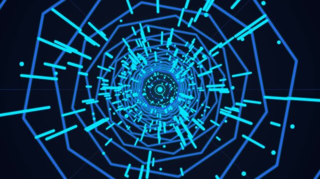 A futuristic data tunnel where information flows through a digital corridor towards a central quantum portal. Perfect for AI technology, cloud computing, and cybersecurity infrastructure.