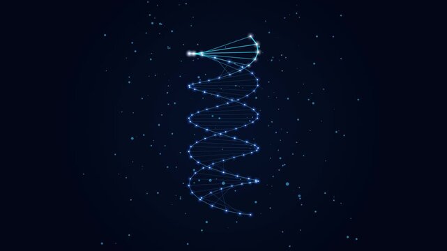 A futuristic digital DNA helix visualization featuring glowing genetic information strands, connected data nodes, energy flow, and particle effects. Ideal for biotechnology, artificial intelligence, m