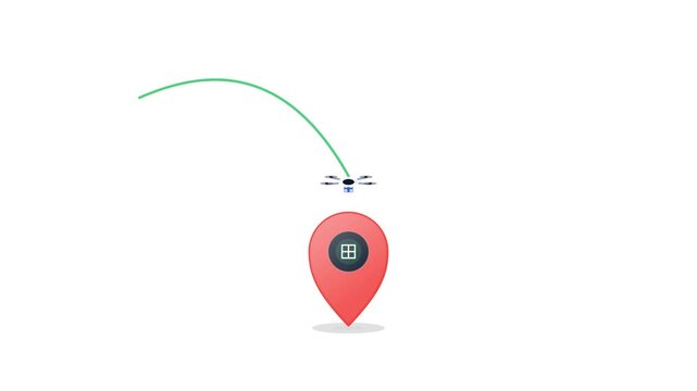 Futuristic seamless animation of an autonomous delivery drone reaching a smart location pin destination with GPS tracking visualization. Perfect for logistics technology, e-commerce delivery, smart ci