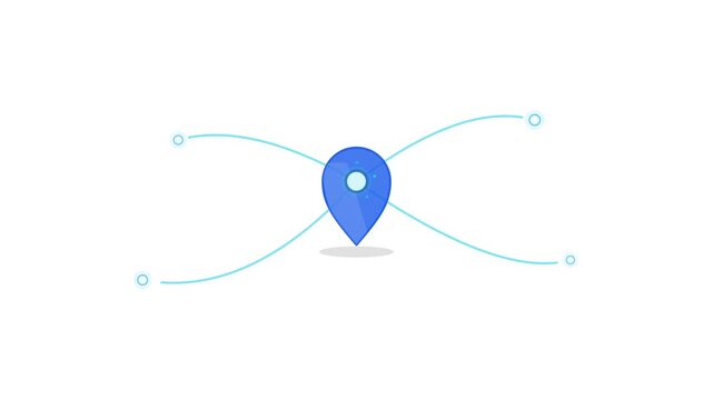 Futuristic seamless animation of a central location pin connecting multiple digital network nodes. Ideal for smart city systems, IoT platforms, logistics technology, geolocation services, and modern d