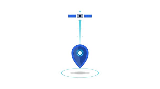 Futuristic seamless animation of a satellite transmitting digital signals to a smart location pin. Ideal for GPS navigation, geolocation technology, IoT systems, smart city presentations, and communic